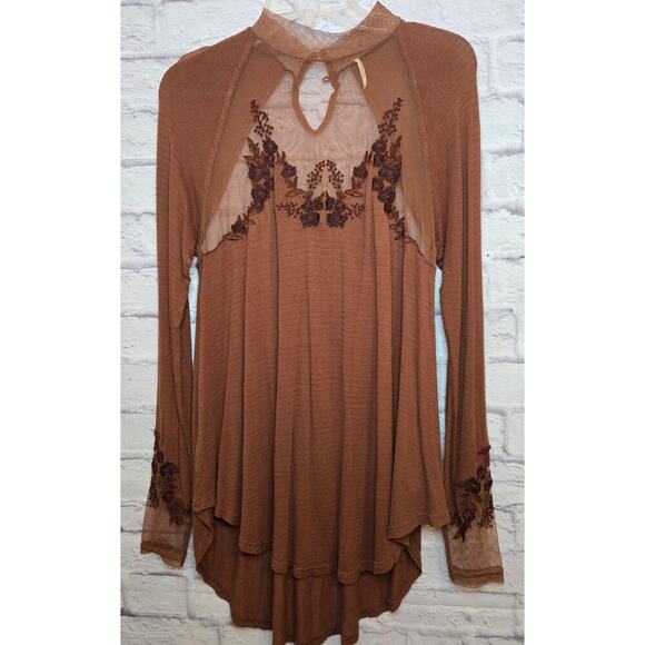 Free People Saheli Tunic Top Embroidered Mesh Boho Brown Hi Low Size S. - Picture 2 of 9